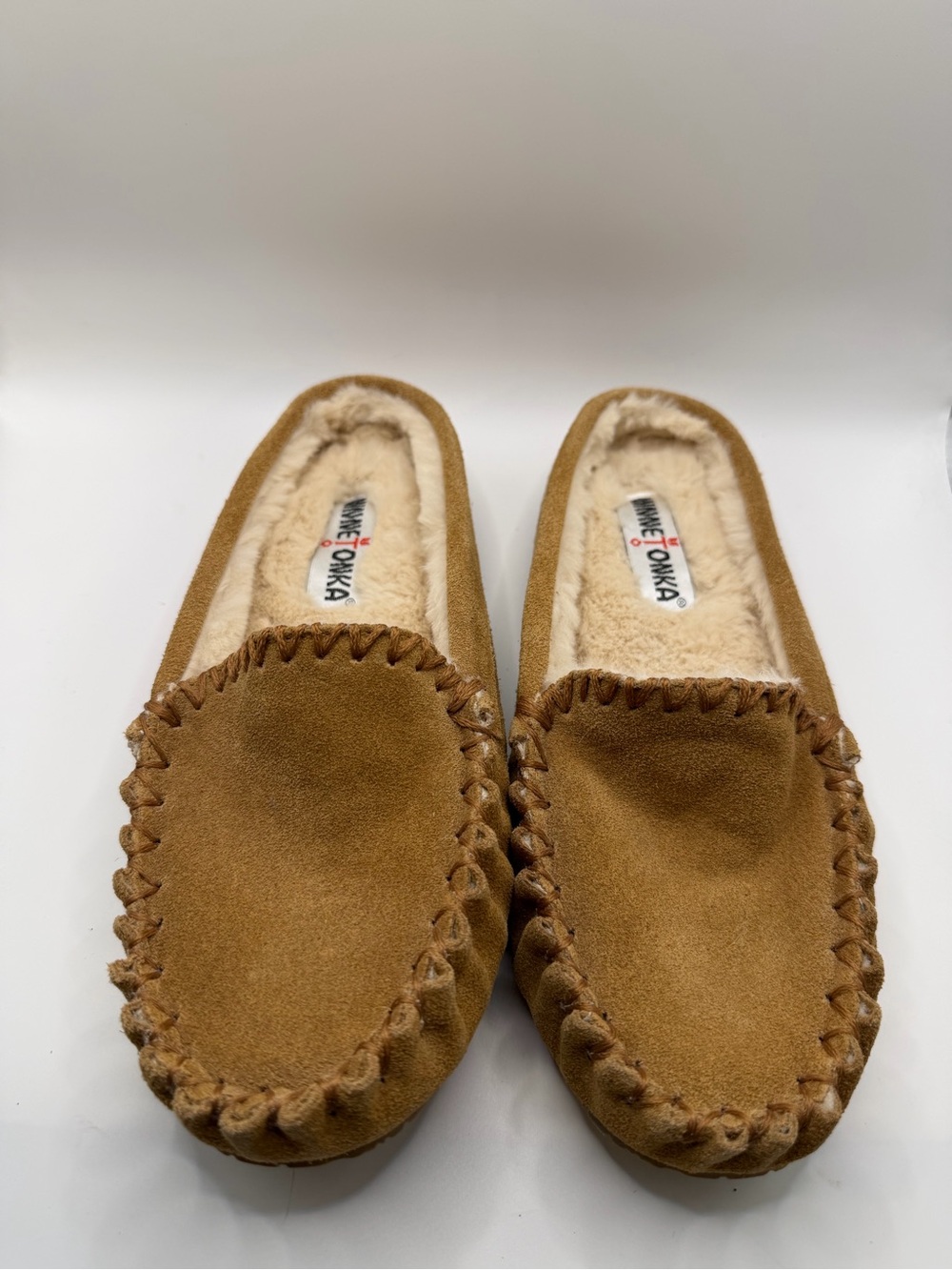 Minnetonka Tan Suede Moccasin Slippers with Open Back Slip on design NWOT